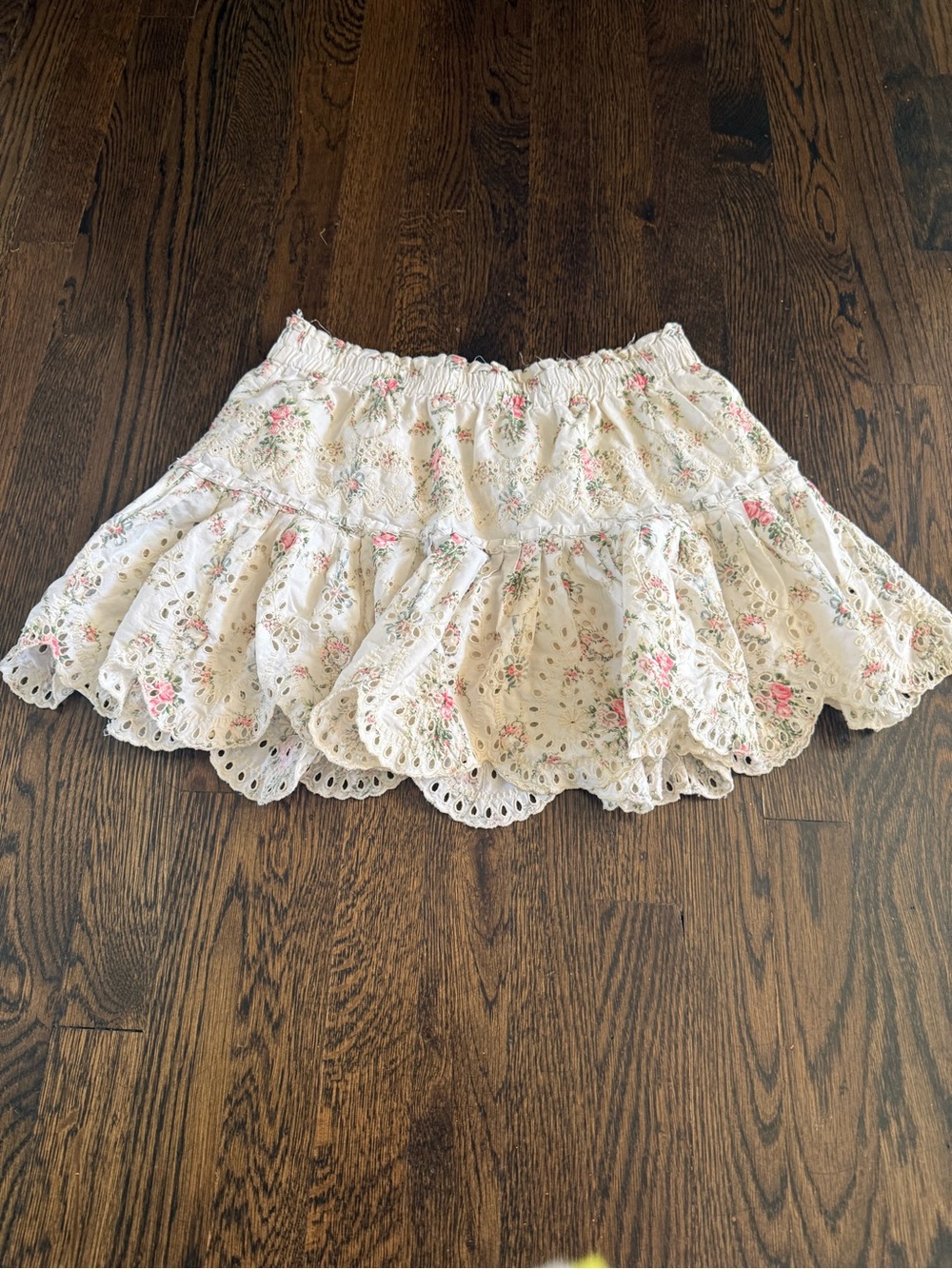 LoveShackFancy Cream Eyelet Tiered Skirt with Pink Floral
